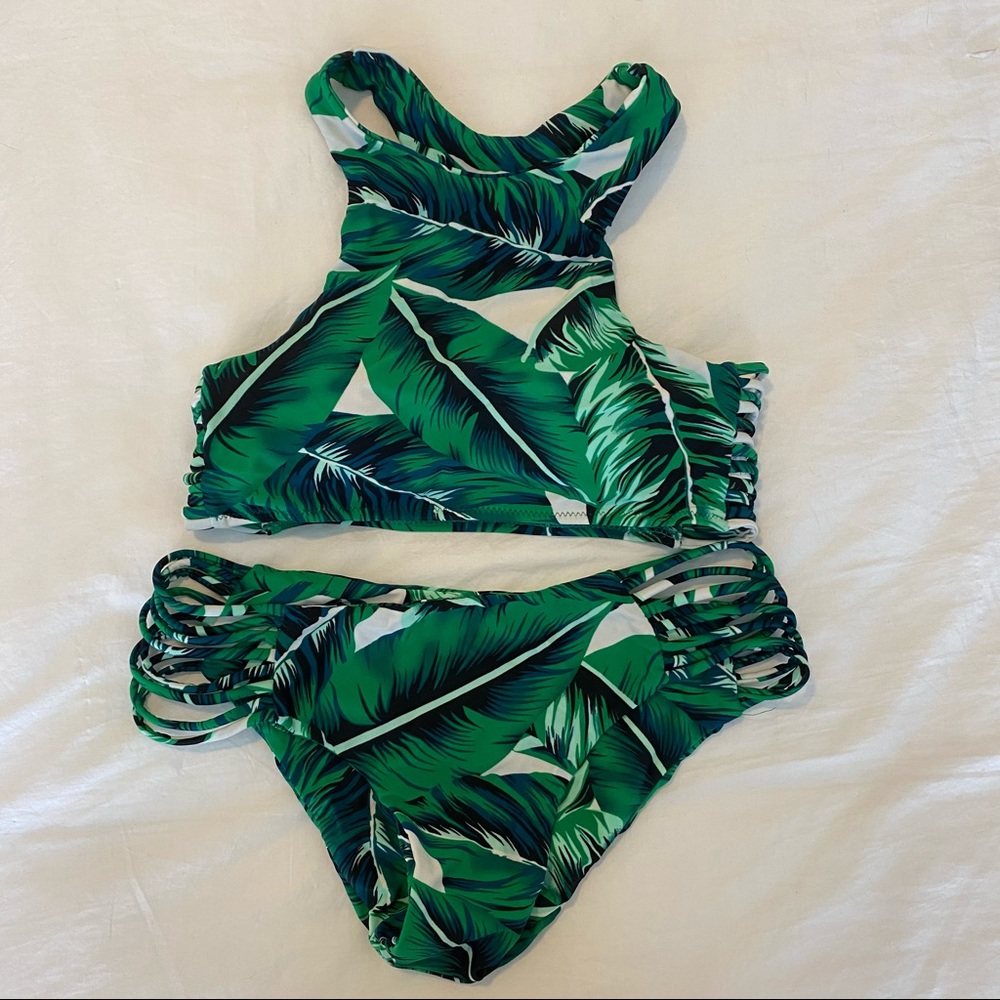 Palm print high neck bikini set